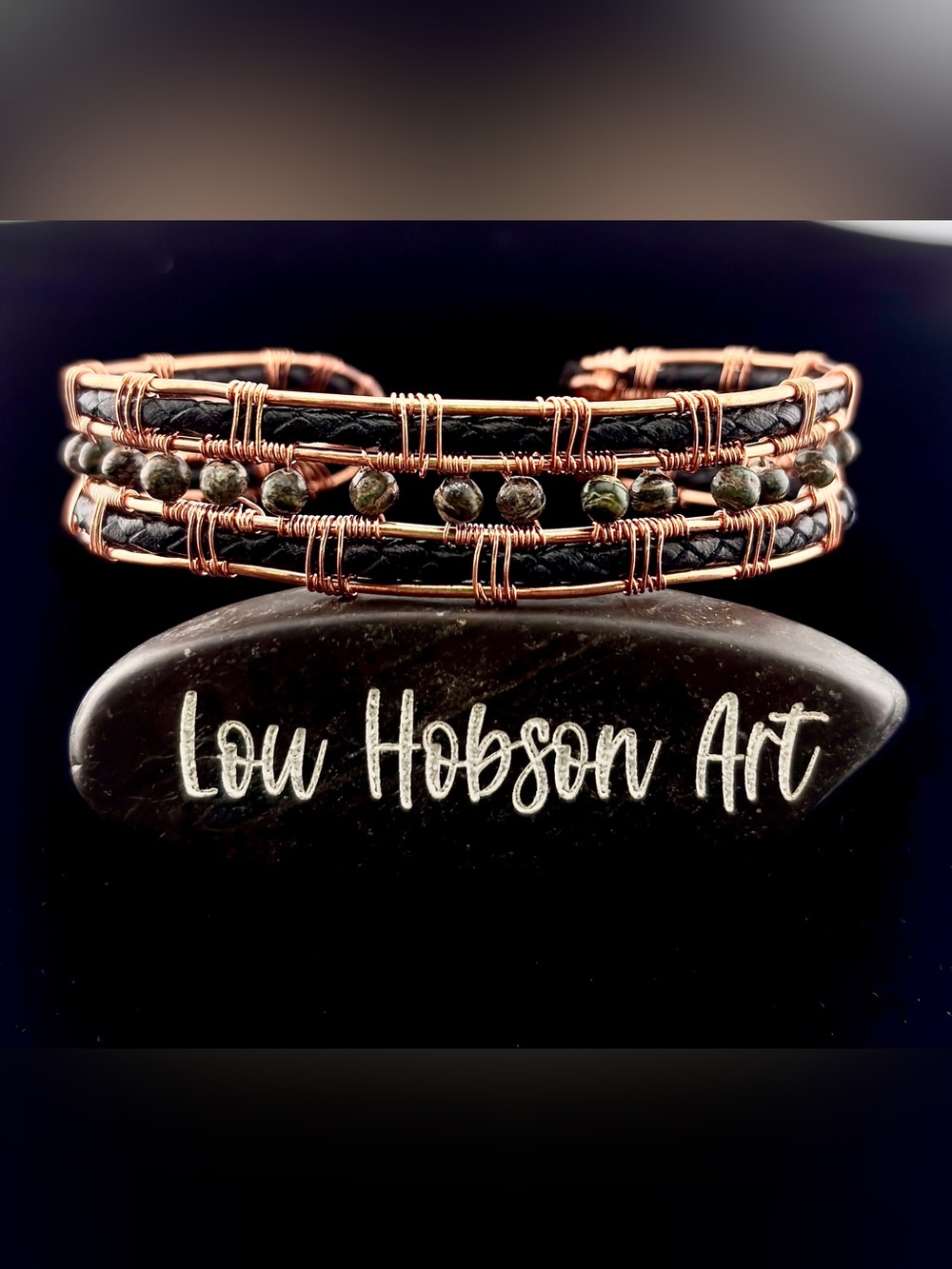 HANDMADE Copper, Jasper and Faux Leather Mens Cuff Statement Artisan Bracelet